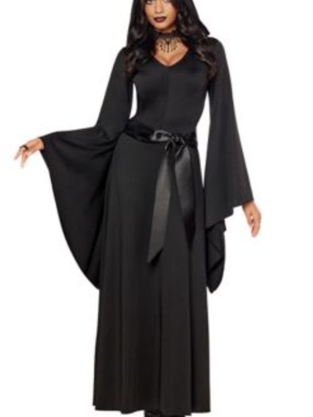 Spirit Black Hooded Gothic Long Bell Sleeve Dress Satin Waist Tie Costume, L/XL